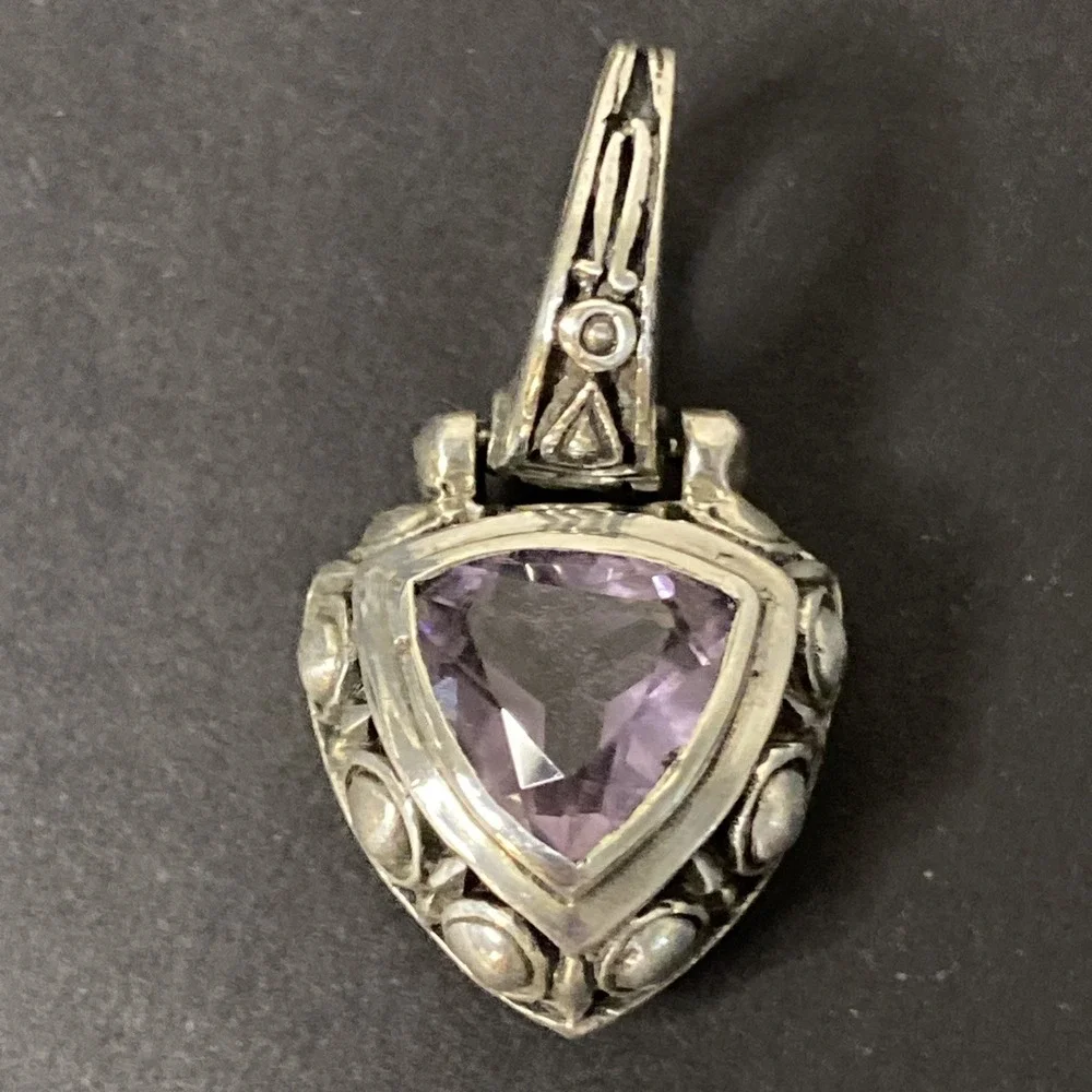 Vintage Sterling Silver & Faceted Amethyst Gemstone Pendant Necklace Bali Style